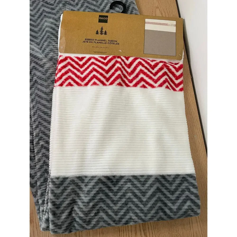New Ribbed Flannel Fleece Throw Red White and Gray size 48”x60” Super Soft